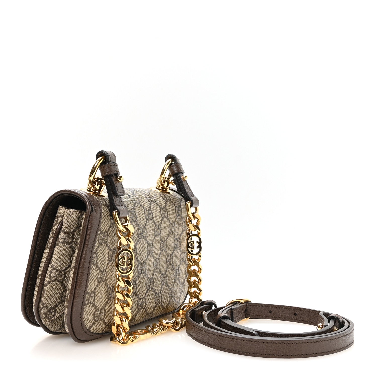 Gucci GG Supreme Monogram Textured Dollar Calfskin Mini Blondie Chain Shoulder Flap Bag Beige Ebony New Acero 3 of 10