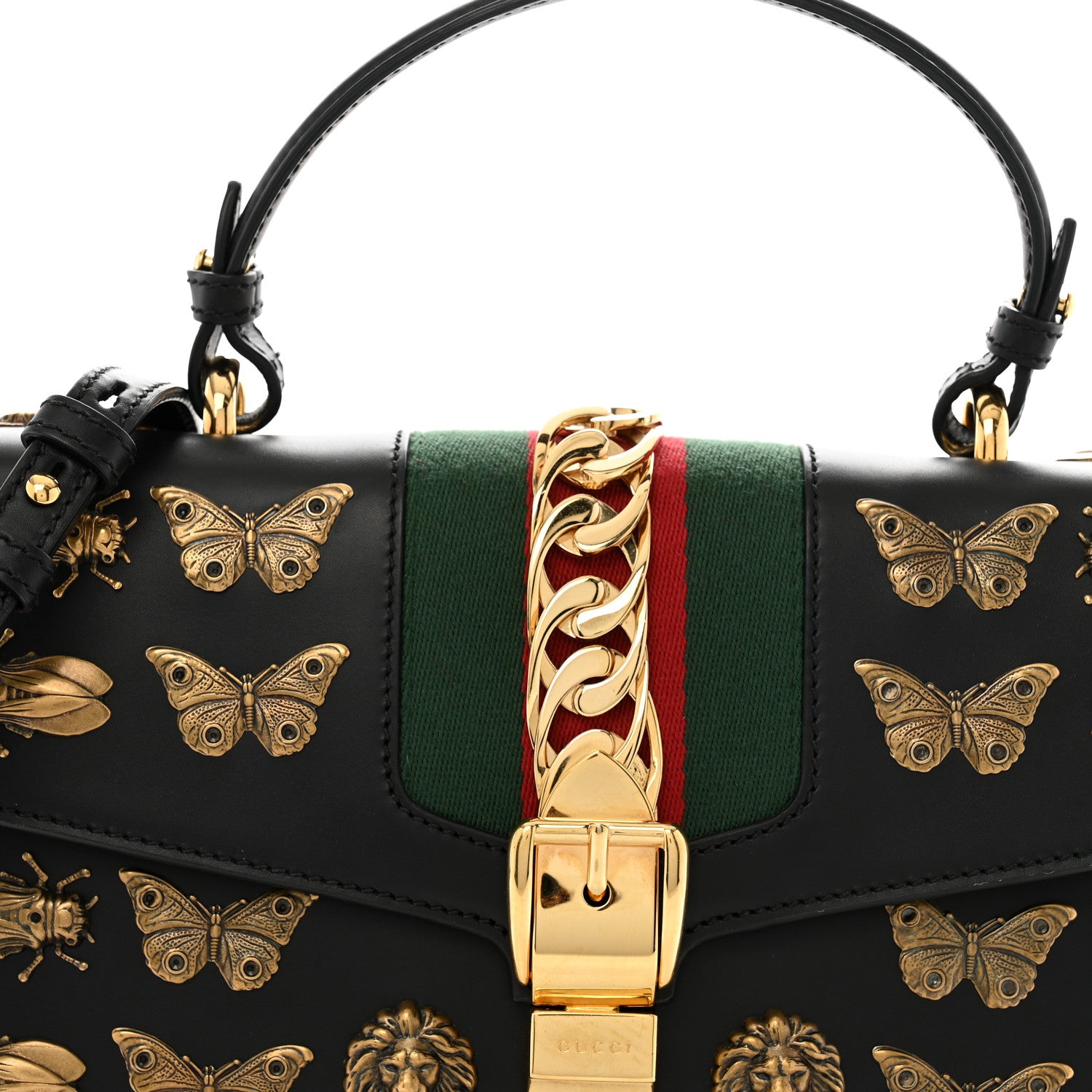 Gucci Calfskin Animal Studs Medium Sylvie Top Handle Bag Black 8 of 14