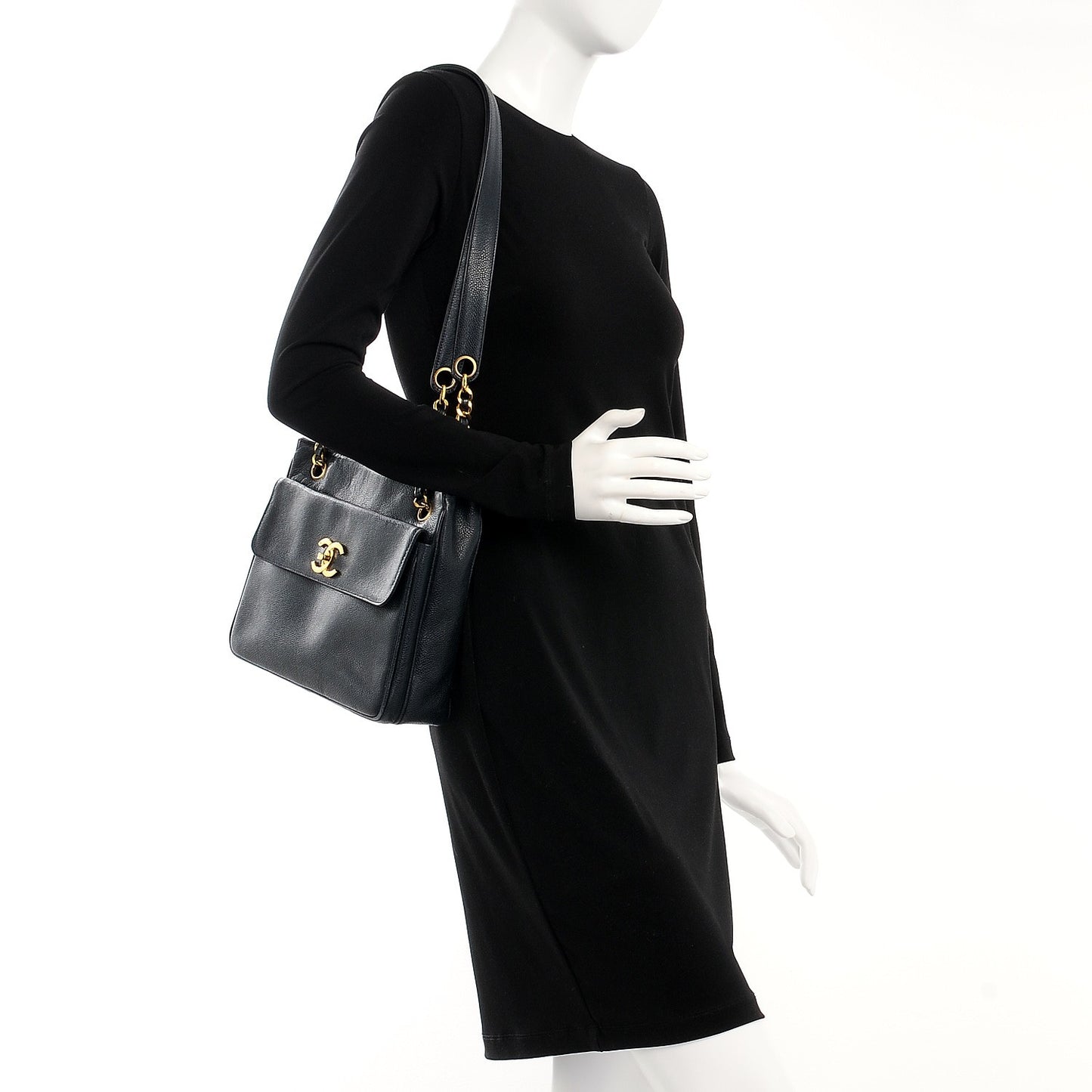 Caviar Flap Shoulder Bag Navy