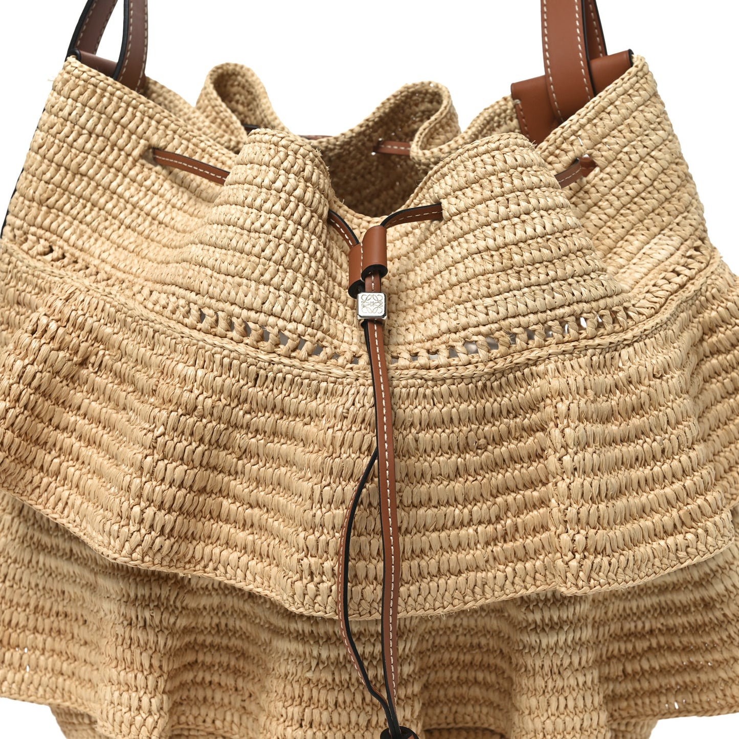 Raffia Calfskin Paulas Ibiza Balloon Ruffle Basket Tote Bag Natural Tan