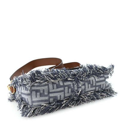 Fendi Denim Vitello King Fringe FF Embroidered Baguette Denim Myrtle Dark Nut 4 of 12