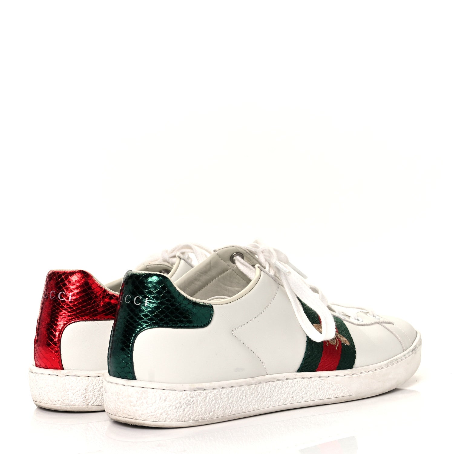 Gucci Calfskin Ayers Bee Embroidered Womens Ace Sneakers 37.5 White Green 4 of 8