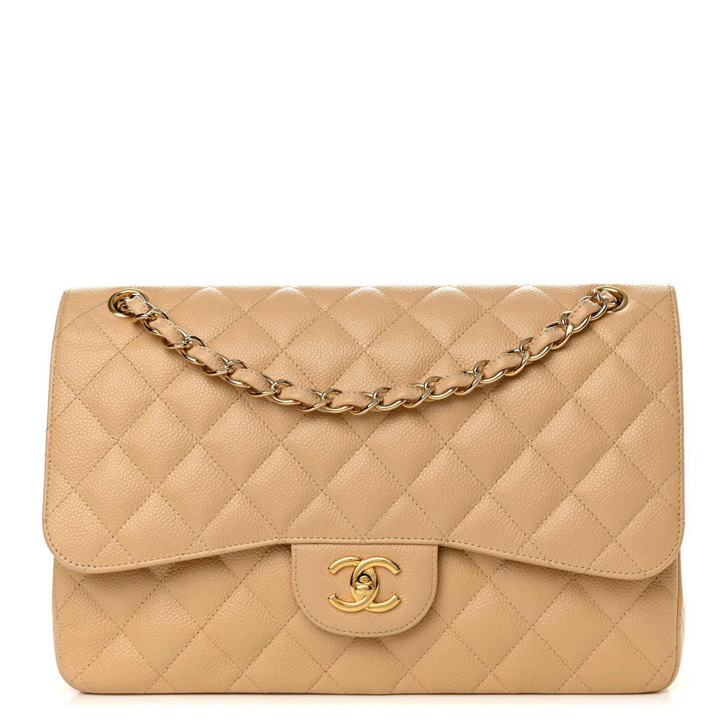 Caviar Quilted Jumbo Double Flap Beige