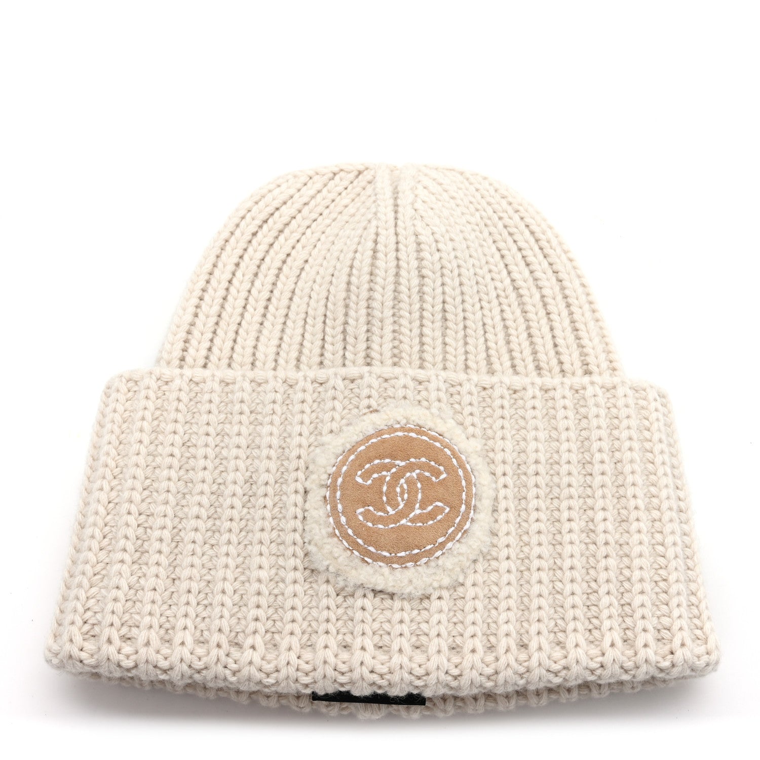 Chanel Wool Cashmere Sheepskin Shearling CC Patch Beanie Hat  Ecru Dark Beige 1 of 5