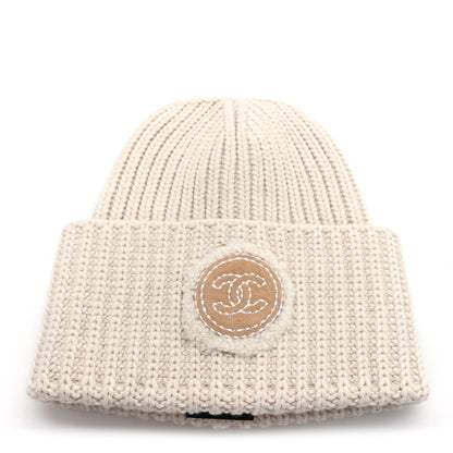 Chanel Wool Cashmere Sheepskin Shearling CC Patch Beanie Hat  Ecru Dark Beige 1 of 5