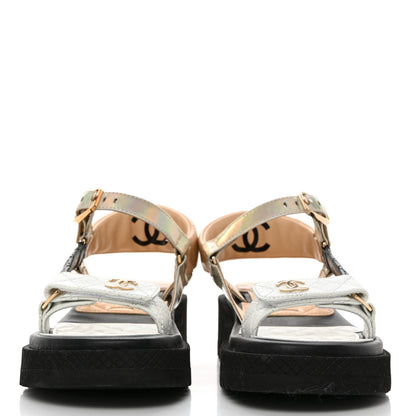 Chanel Lambskin Logo Platform Sandals 36 Beige Gold White 2 of 9