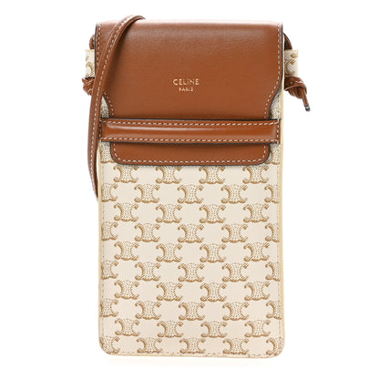 Celine Triomphe Canvas Lambskin Phone Pouch With Flap White Tan 1 of 8