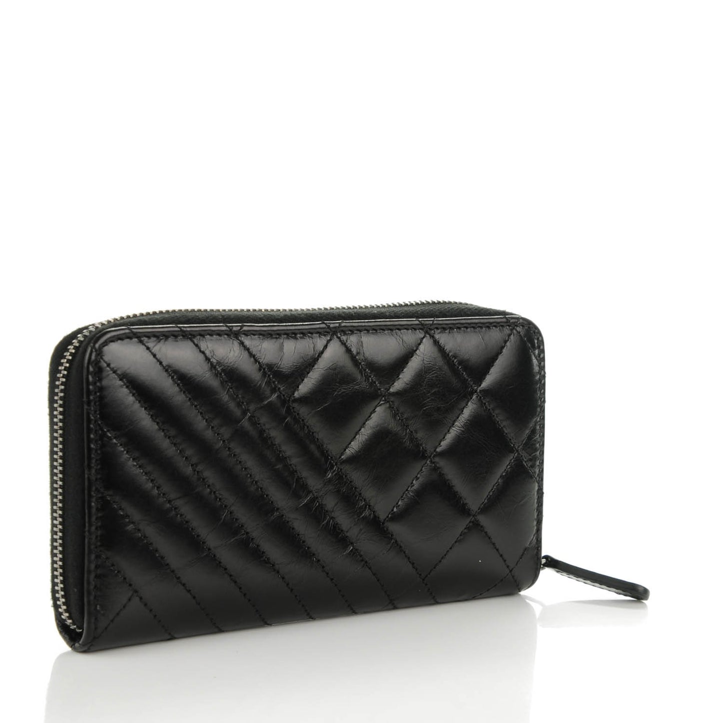 Glazed Calfskin Quilted Small Coco Boy Zip Around Wallet Black