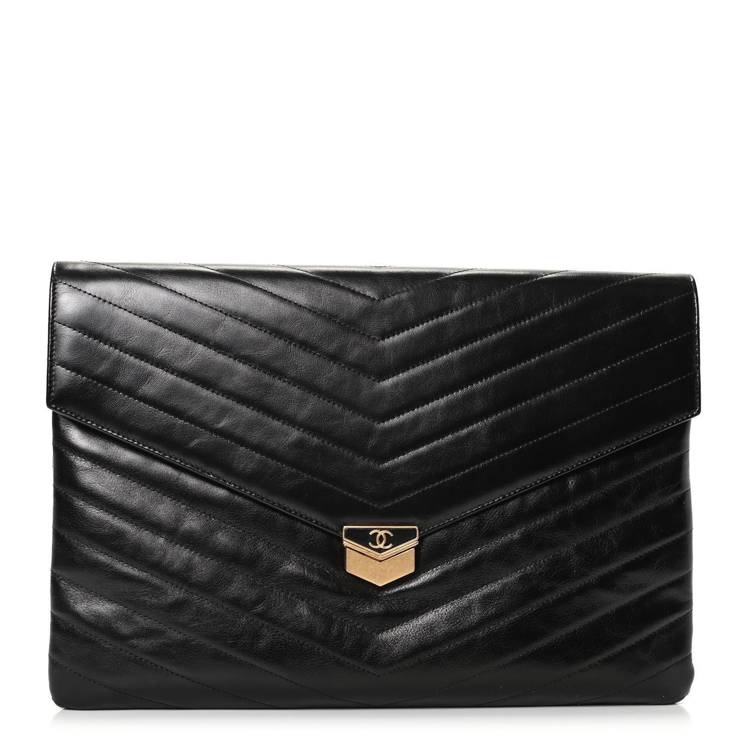 Chanel Calfskin Chevron Quilted Medal Flap Pouch Black 1 of 8