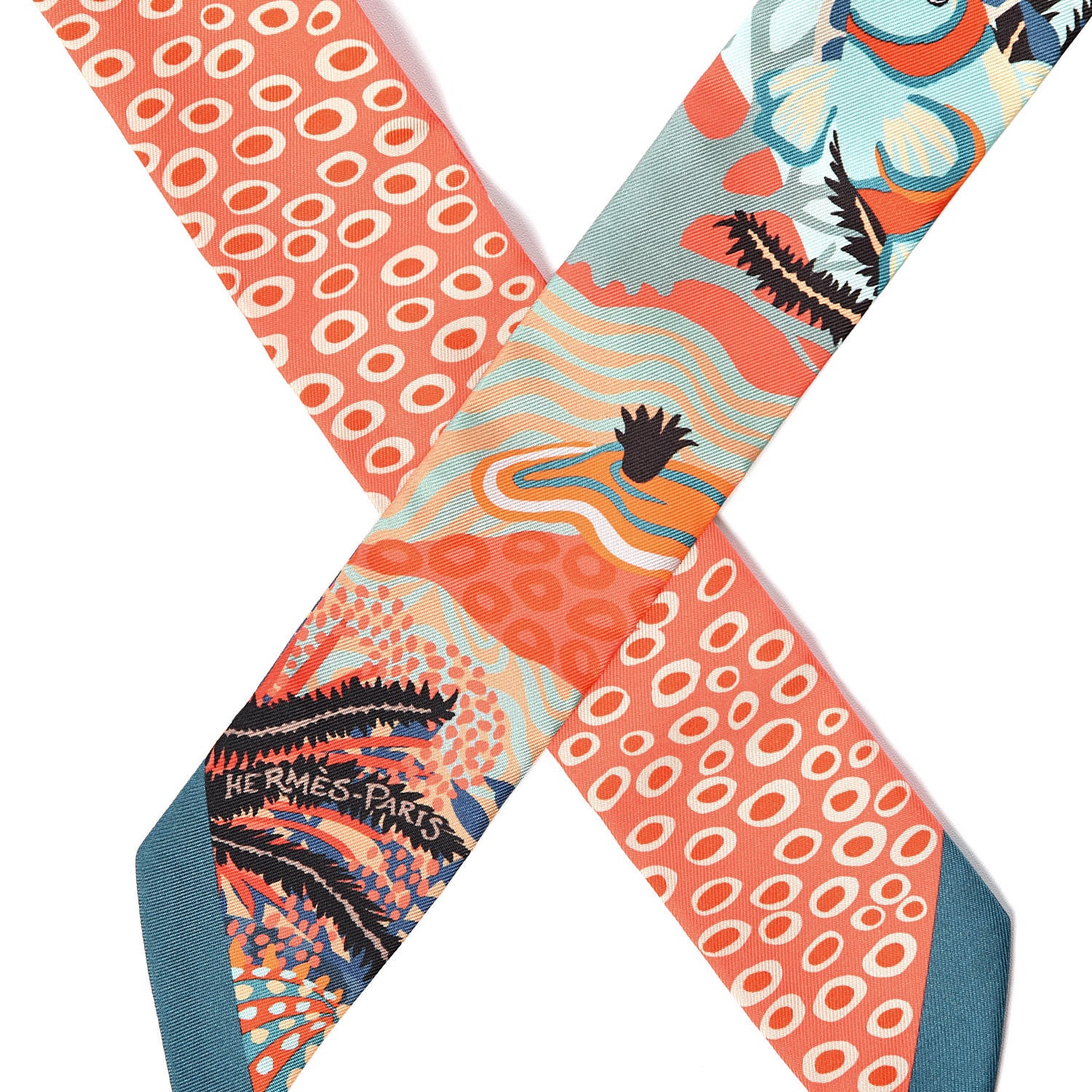 Hermes Silk Under The Waves Twilly Petrole Orange Beige 4 of 5