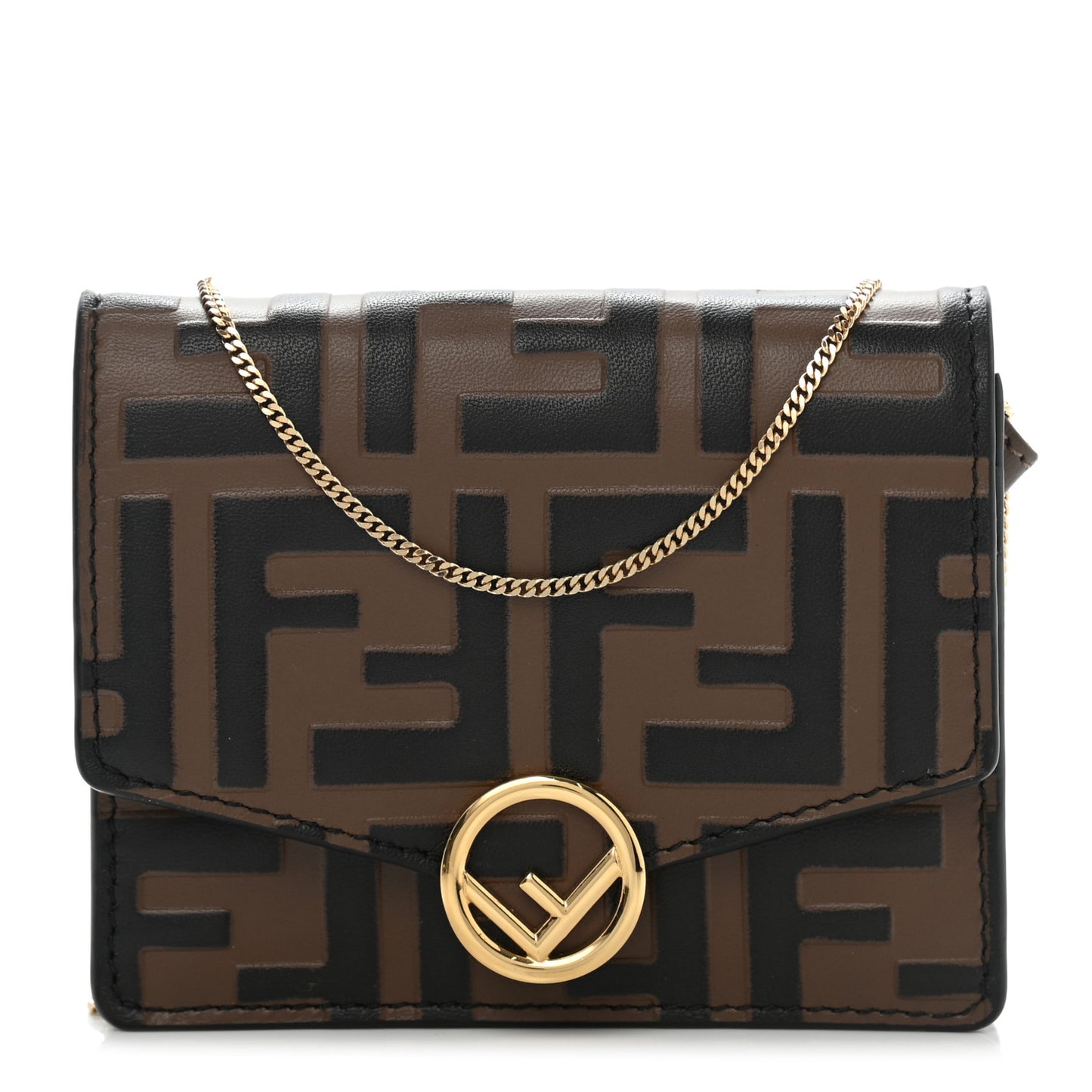 Vitello Soft F is Fendi Bi-Color FF 1974 Embossed Geometric Flap Wallet on Chain Maya Black