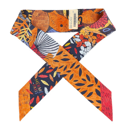 Hermes Silk Chacun Fait Son Nid Twilly Orange Marine Rouge 1 of 5