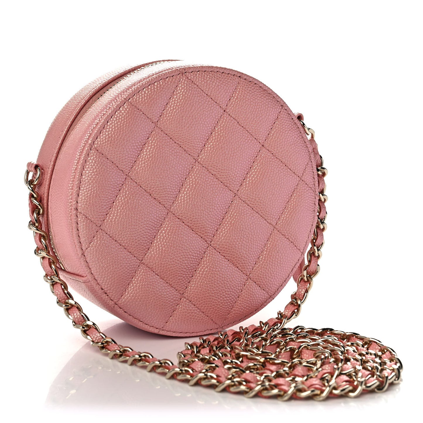 Iridescent Caviar Resin Quilted Round Clutch With Chain Pink