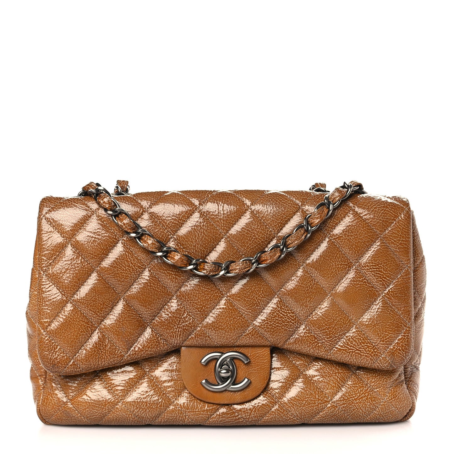 Crinkled Patent Quilted Jumbo Single Flap Beige