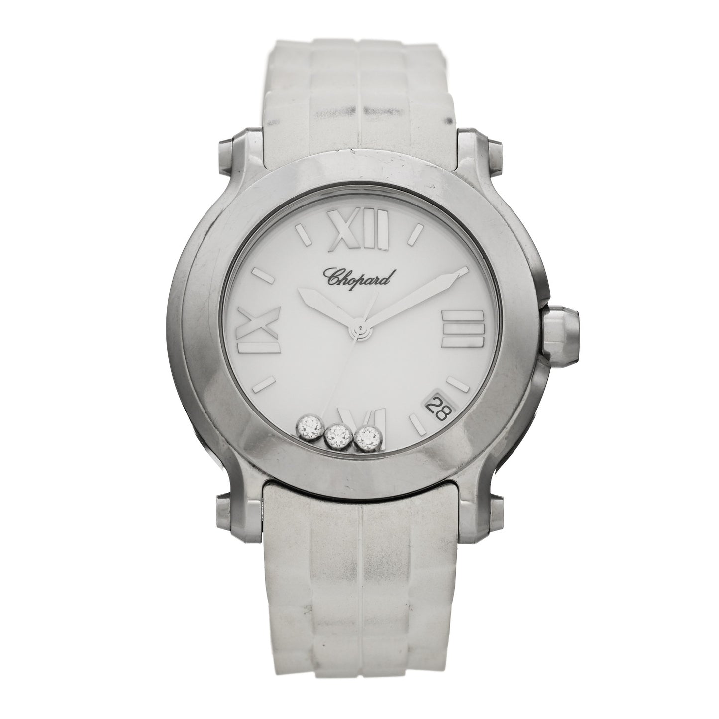 Stainless Steel Rubber 3 Diamond 36mm Happy Sport Quartz Watch White