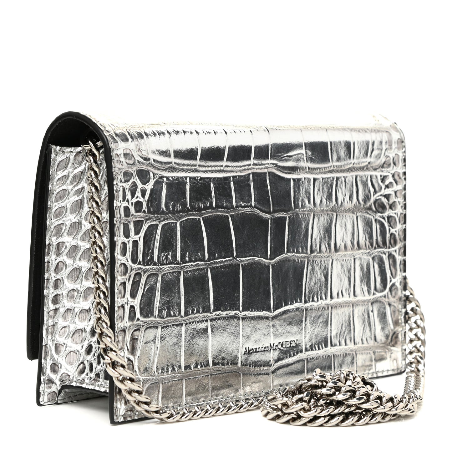 Metallic Calfskin Crocodile Embossed Skull Mini Shoulder Bag Silver