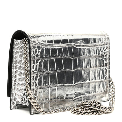 Alexander McQueen Metallic Calfskin Crocodile Embossed Skull Mini Shoulder Bag Silver 3 of 9
