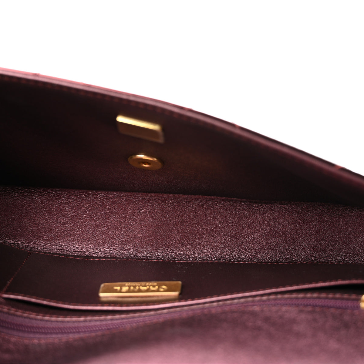 Metallic Mirror Calfskin Large Top Handle Clutch With Chain  Burgundy