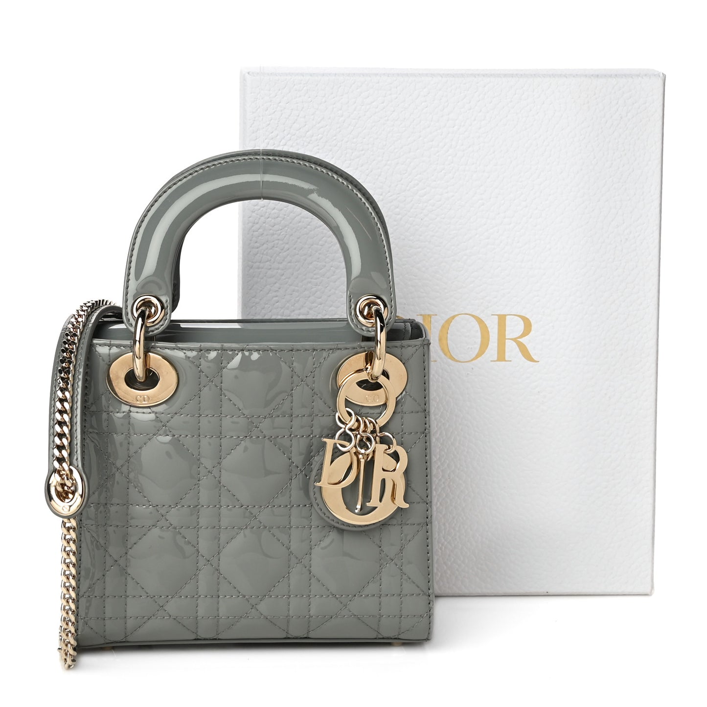 Patent Cannage Mini Lady Dior Grey Stone