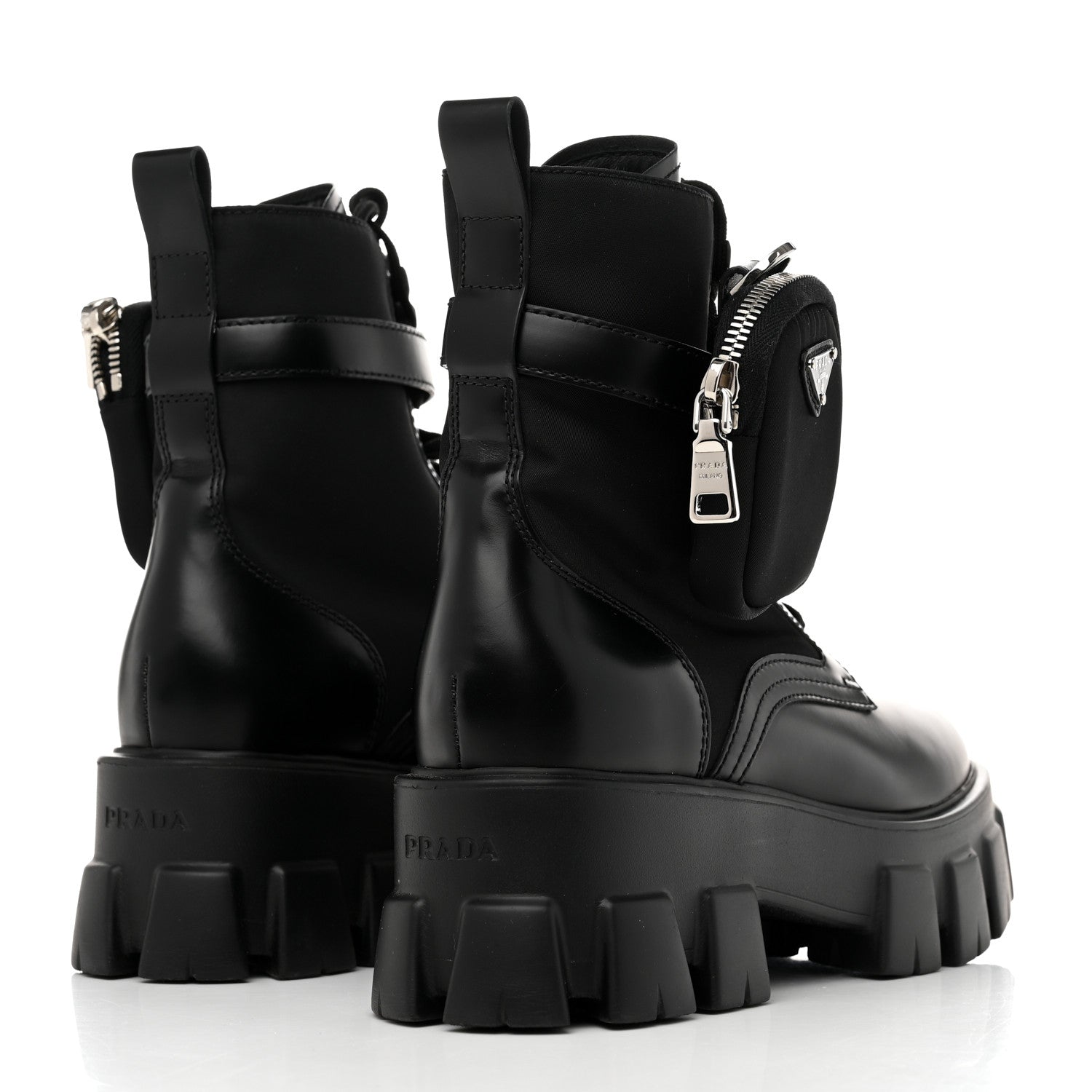 Prada Spazzolato Rois Re-Nylon Metal Triangle Logo Monolith Pouch Pocket 55mm Boots 38.5 Black 4 of 9