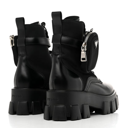 Prada Spazzolato Rois Re-Nylon Metal Triangle Logo Monolith Pouch Pocket 55mm Boots 38.5 Black 4 of 9