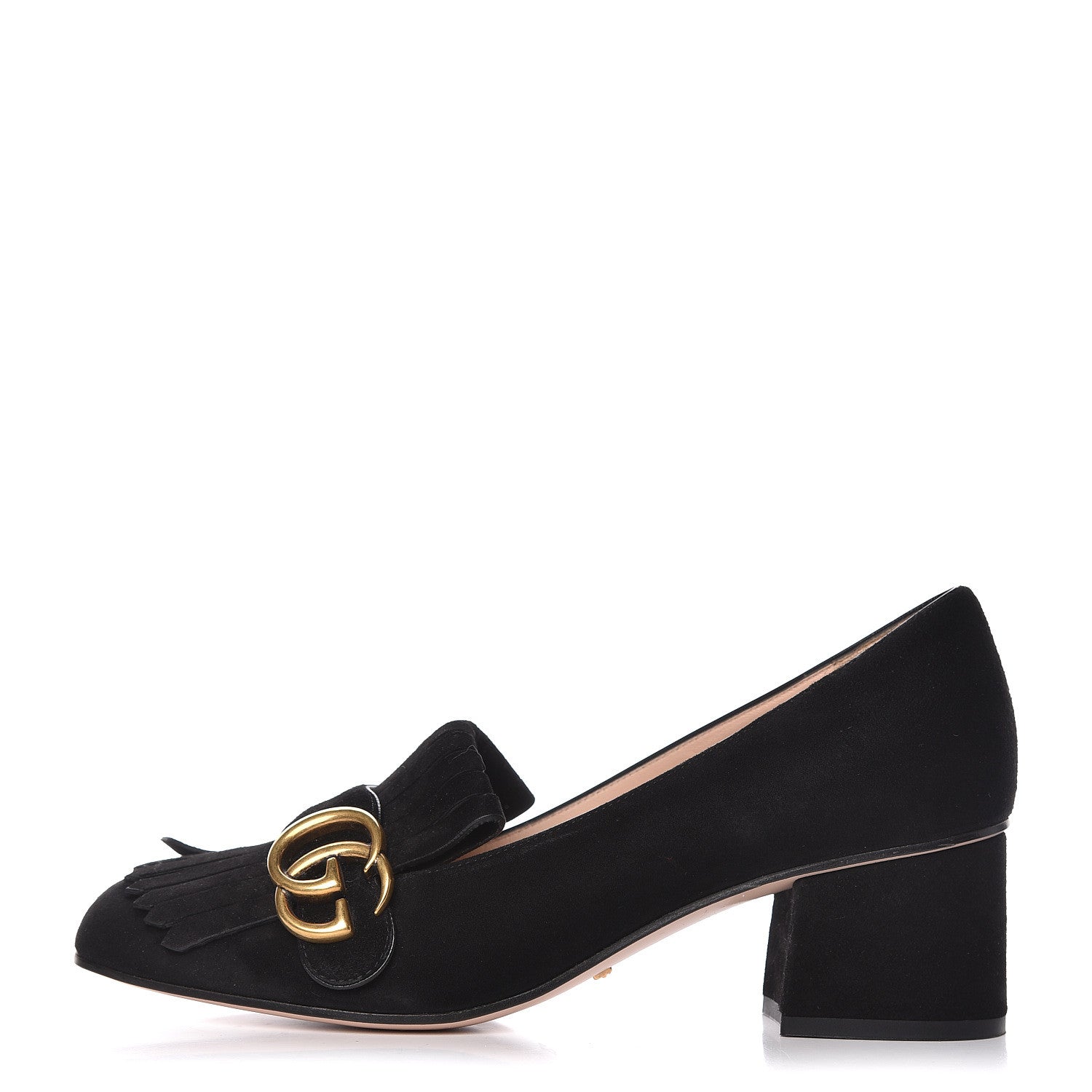 Gucci Kid Scamosciato GG Marmont Fringe 50mm Loafer Pumps 37.5 Black 1 of 11