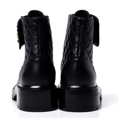 Chanel Shiny Lambskin Quilted Lace Up Combat Boots 37 Black 4 of 6