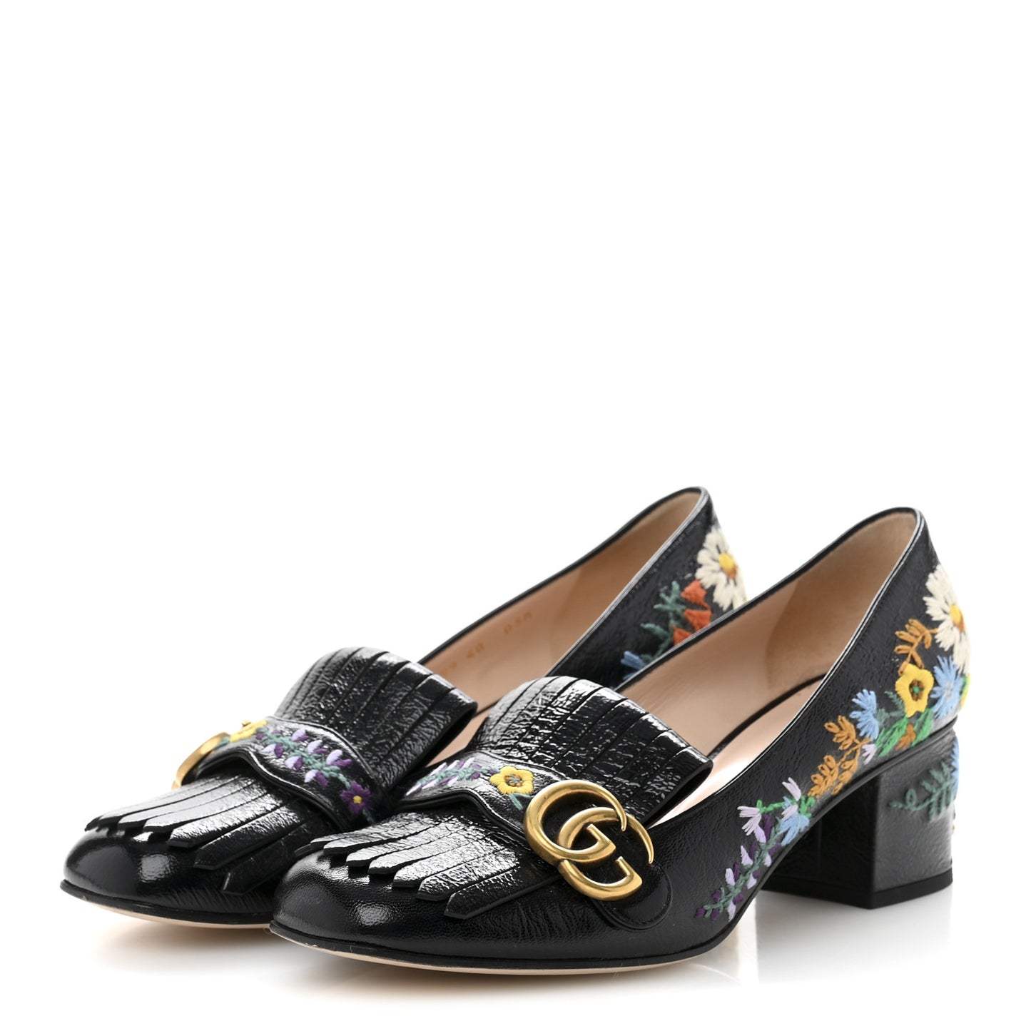 Skipper Calfskin Floral Embroidered GG Marmont Fringe 50mm Loafer Pumps 40 Black