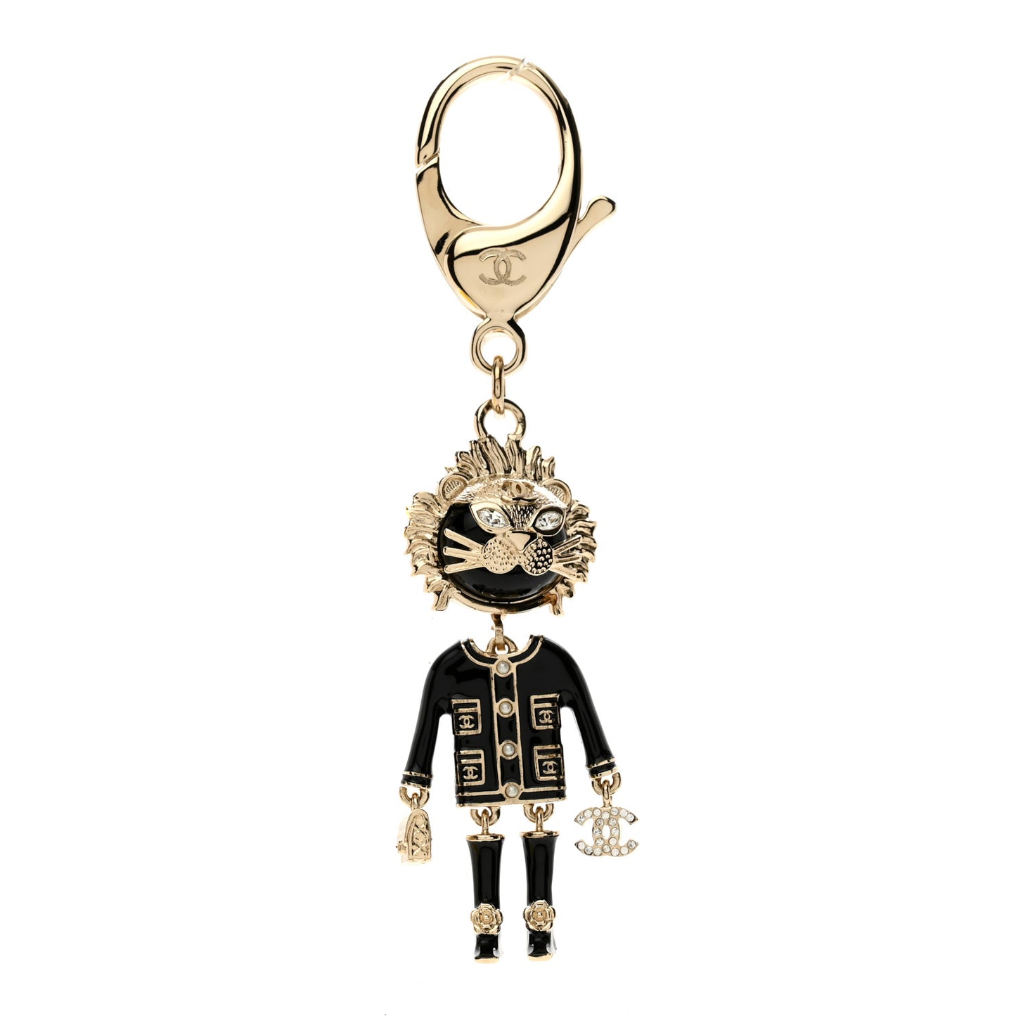 Enamel Crystal Pearl CC Lion Bag Charm Black White