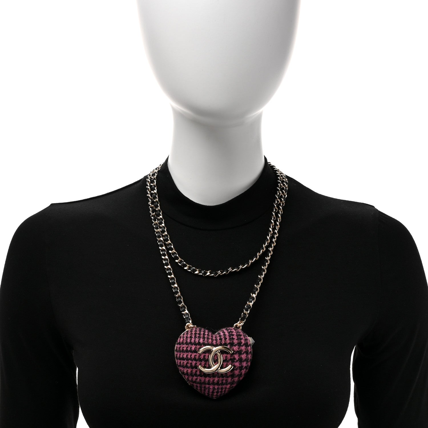 Chanel Tweed Lambskin CC Heart Locket Necklace Gold Black Pink 2 of 6