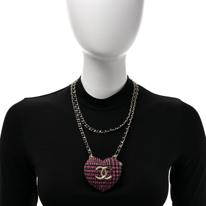 Chanel Tweed Lambskin CC Heart Locket Necklace Gold Black Pink 2 of 6
