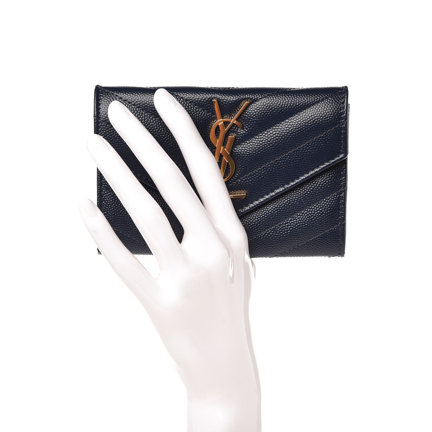 Saint Laurent Grain De Poudre Matelasse Chevron Small Monogram Envelope Wallet Navy 2 of 7