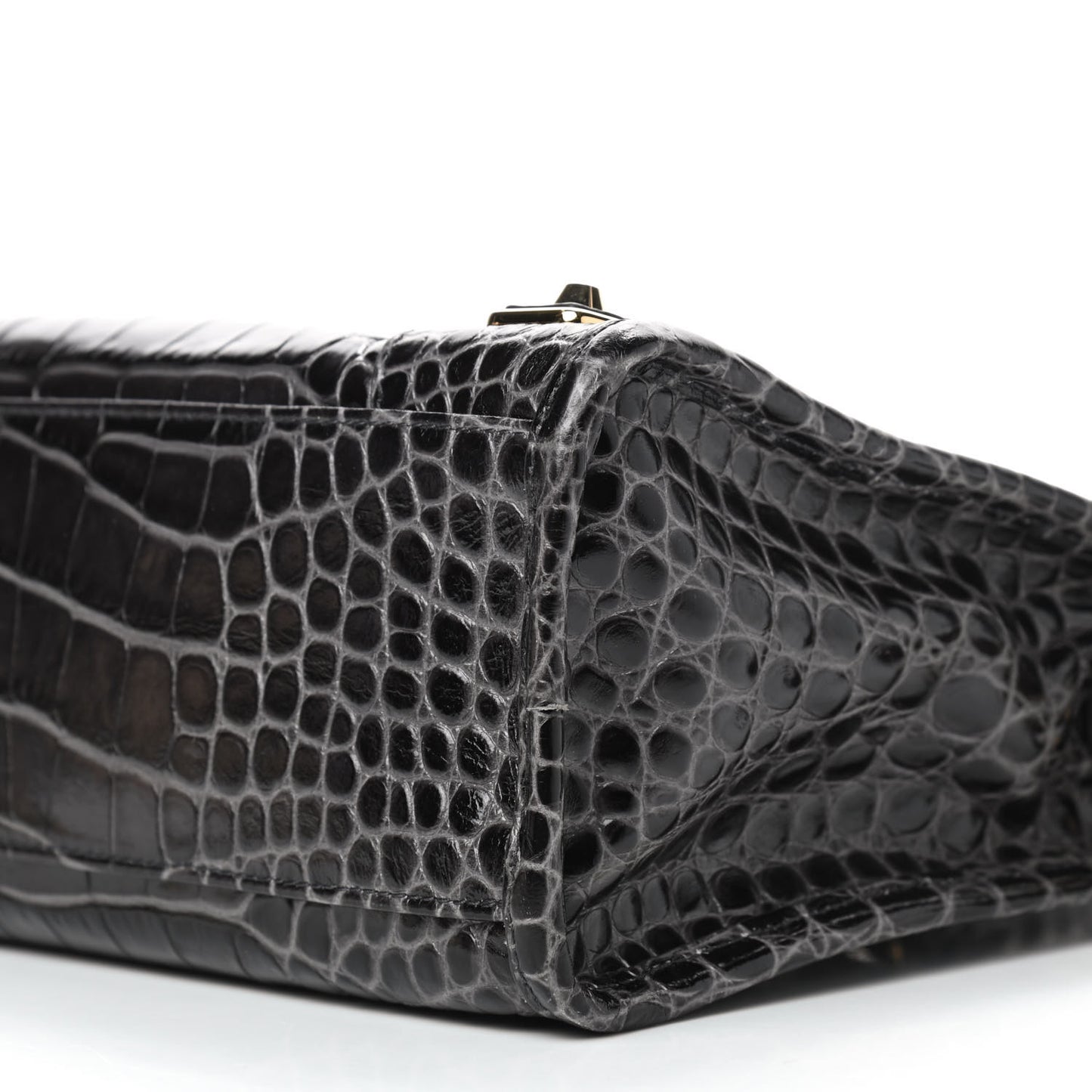 Shiny Supple Calfskin Crocodile Embossed Gold Metallic Edge Hardware S City Dark Grey
