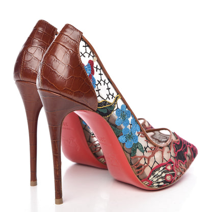 Christian Louboutin Lace Calfskin Crocodile Embossed Follies 100 Pumps 38.5 Cuoio Multicolor 4 of 13