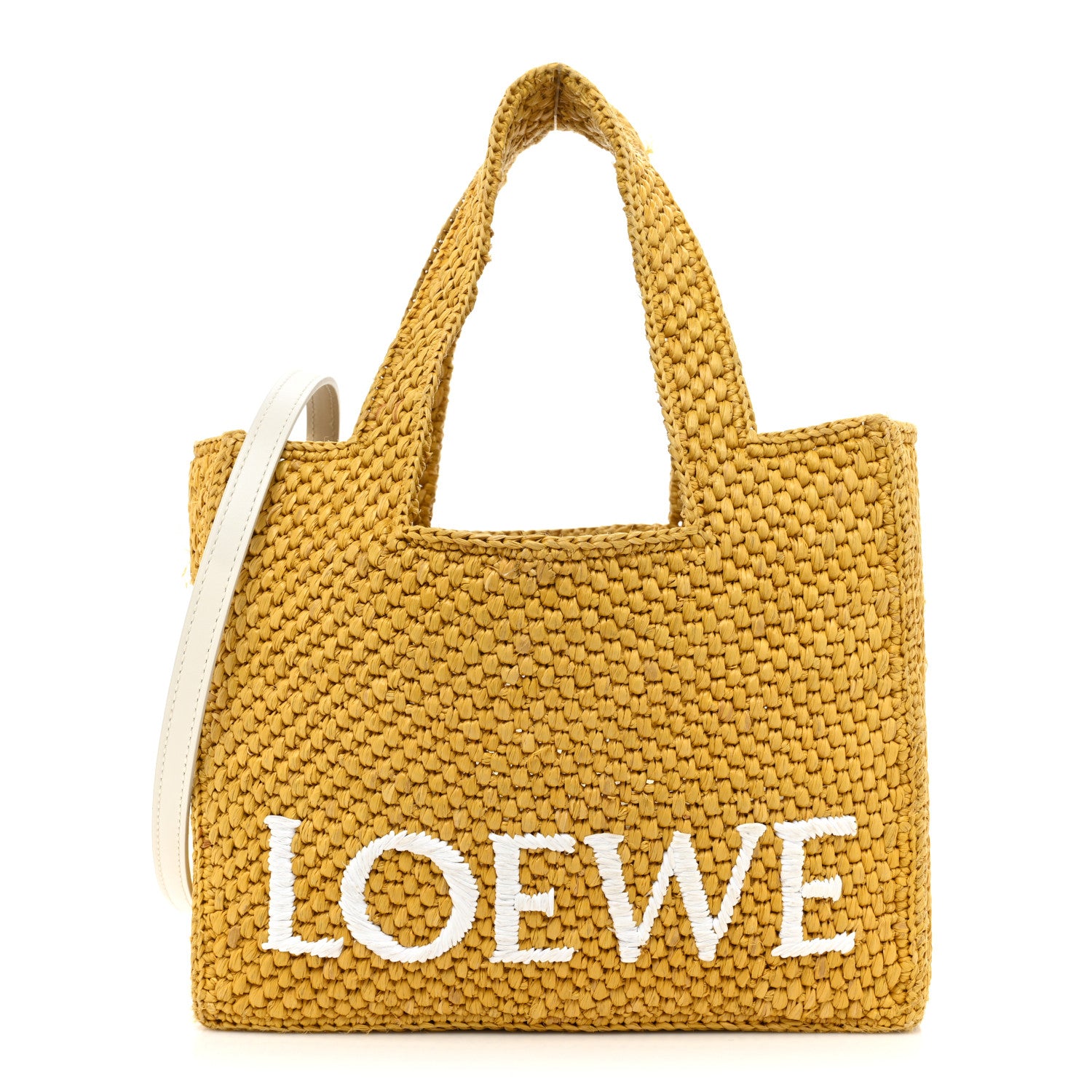 image of LOEWE Raffia Small Paula's Ibiza Logo Tote in the color Ochre by FASHIONPHILE