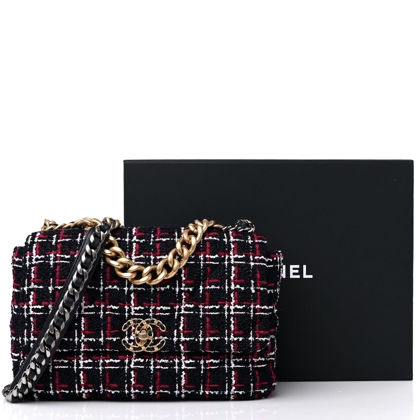 Tweed Quilted Medium Chanel 19 Flap Navy Blue White Red