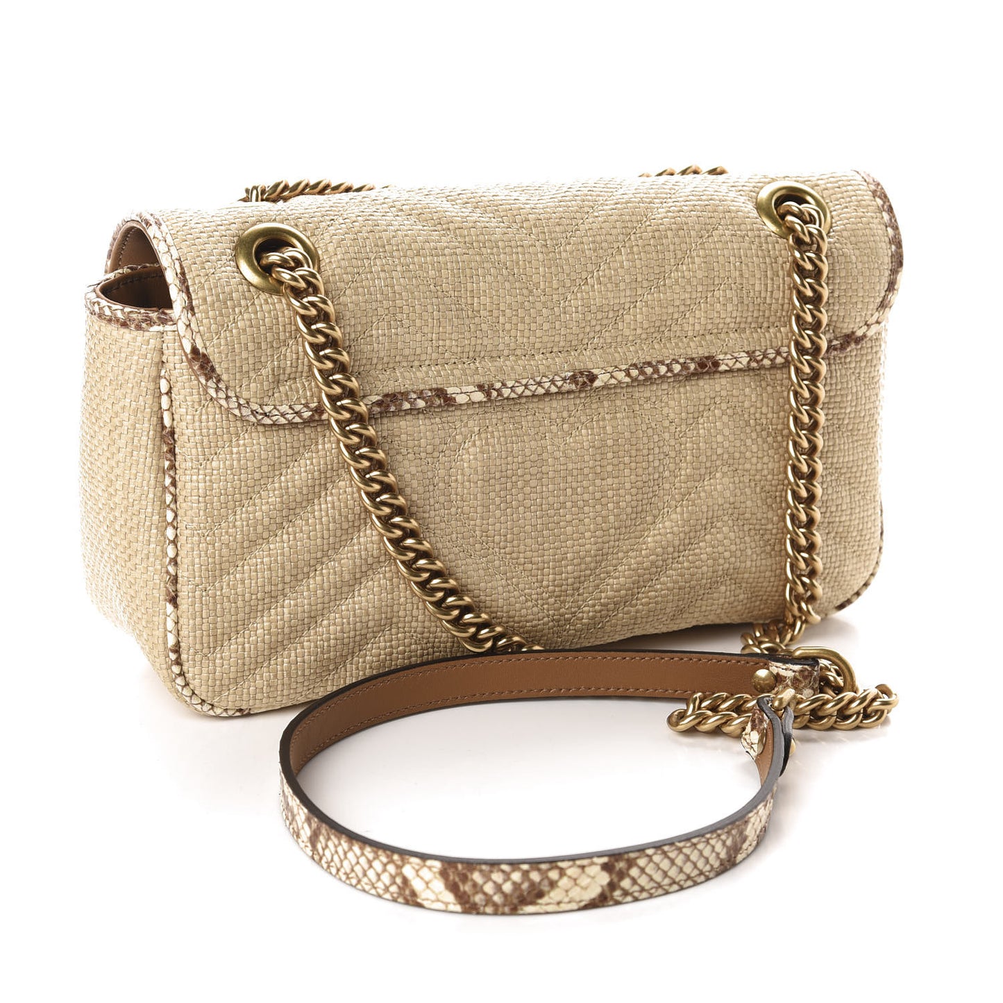 Raffia Elaphe Matelasse Small GG Marmont Shoulder Bag Natural Cream Brown