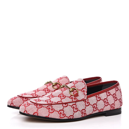 Gucci Canvas GG Monogram Horsebit Womens Jordaan Loafers 37.5 Gardenia Hibiscus Red 3 of 9