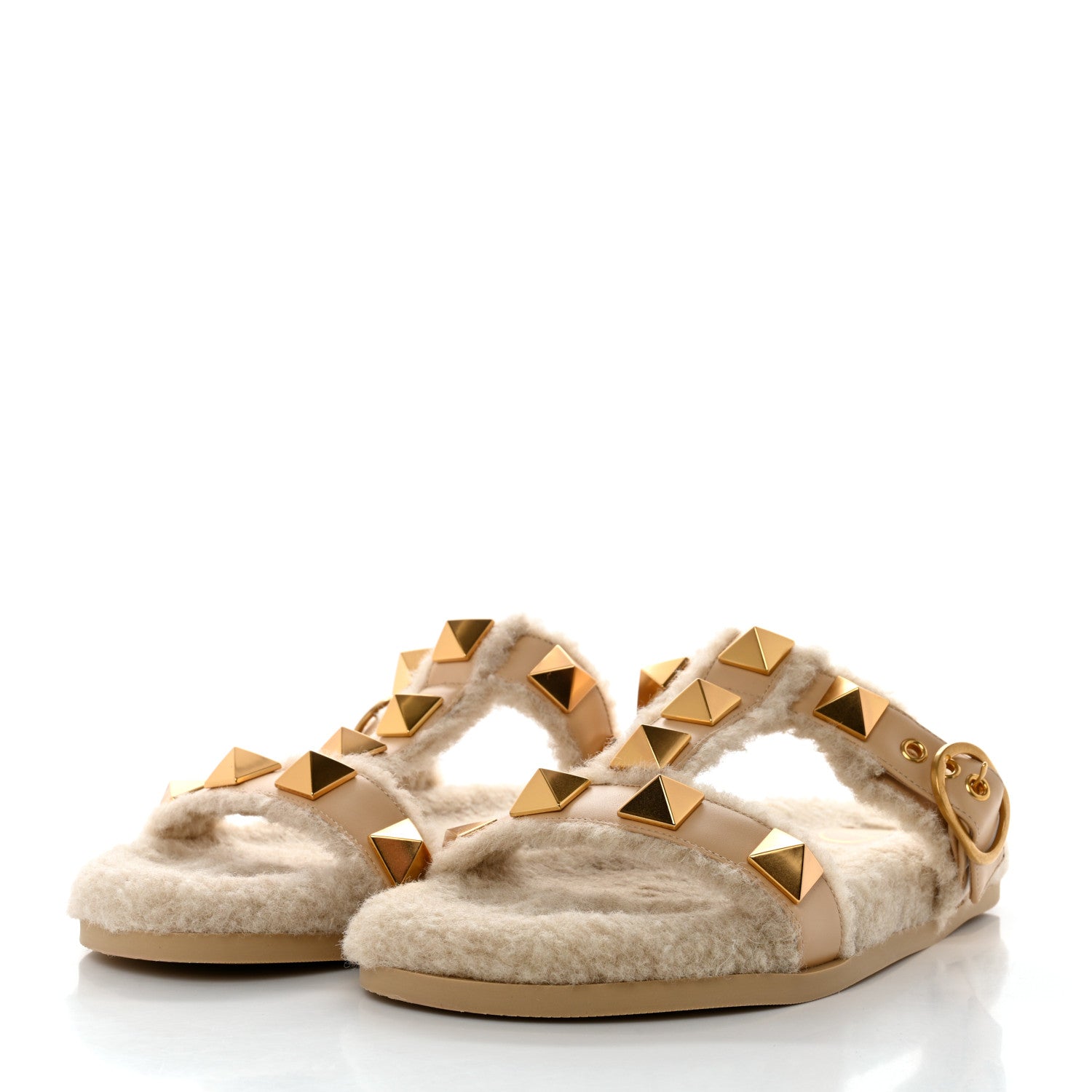 Valentino Garavani Shearling Roman Stud Slide Sandals 39.5 Sahara Beige 3 of 9