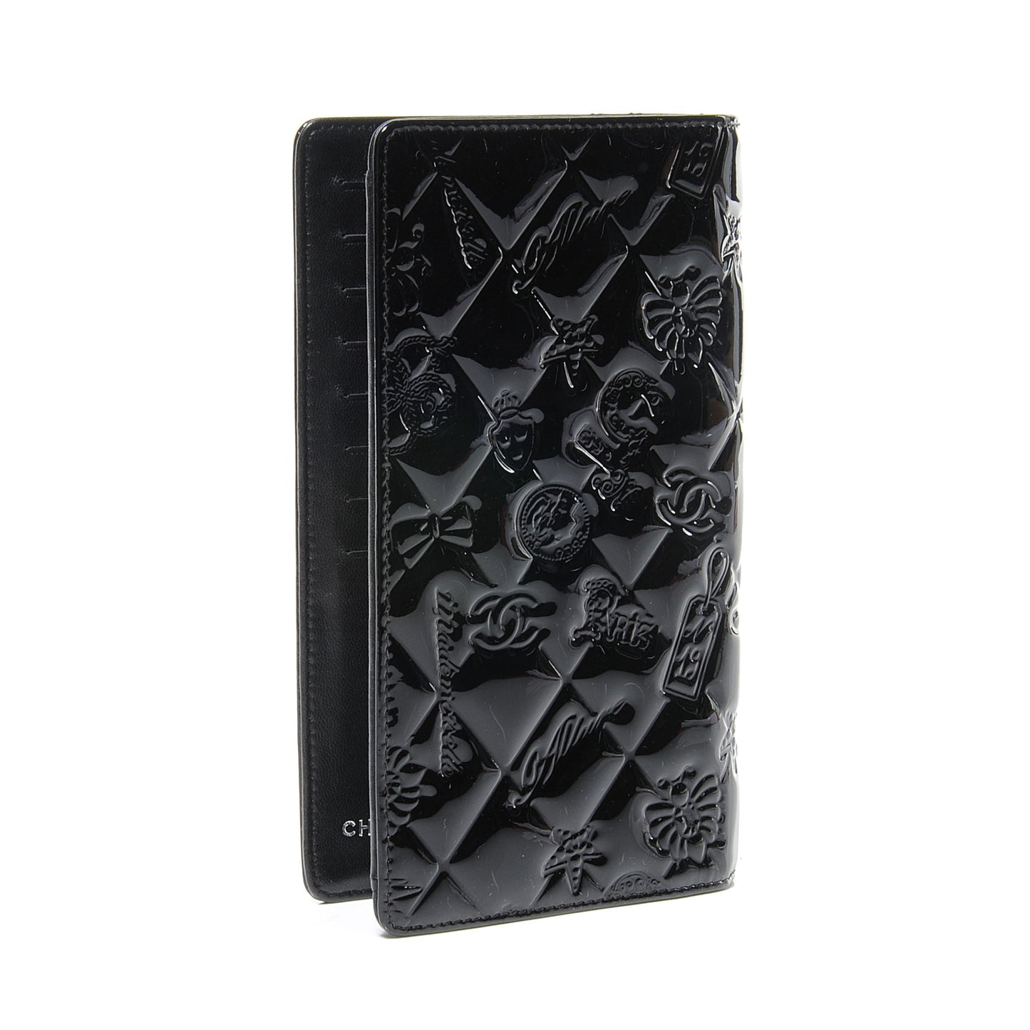 Patent Calfskin Lucky Symbols Yen Wallet Black