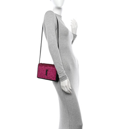 Saint Laurent Paillette Suede Monogram Kate Chain Wallet Pink Black 2 of 14