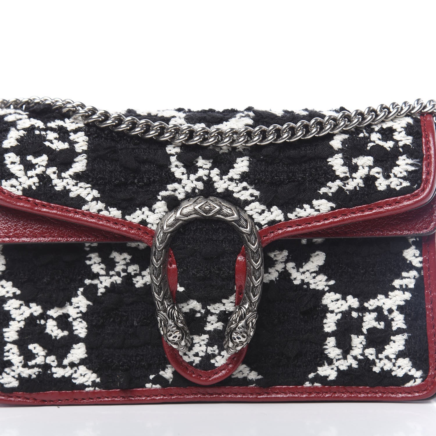 Gucci Tweed GG Monogram Super Mini Dionysus Shoulder Bag Black White Romantic Cherry 7 of 10
