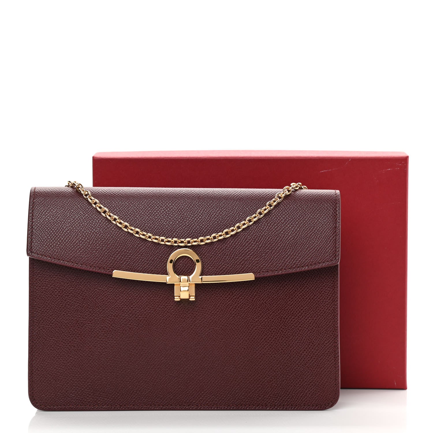 Salvatore Ferragamo Hammered Calfskin Gancio Wallet On Chain Burgundy 11 of 11