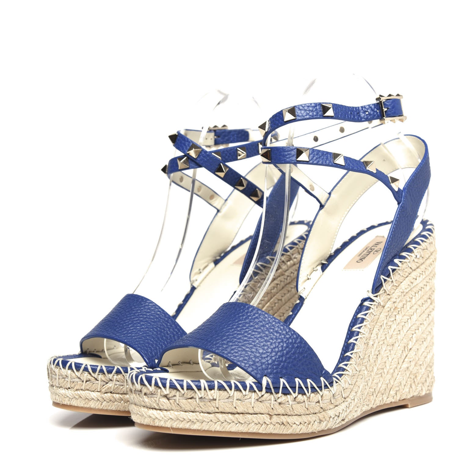 Valentino Garavani Grained Calfskin Rockstud Espadrille Wedge Sandals 41 Blue 3 of 10