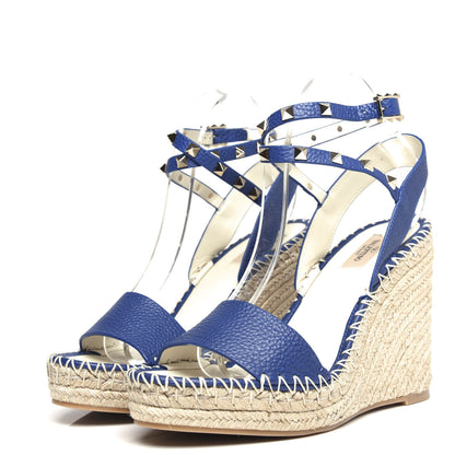 Valentino Garavani Grained Calfskin Rockstud Espadrille Wedge Sandals 41 Blue 3 of 10