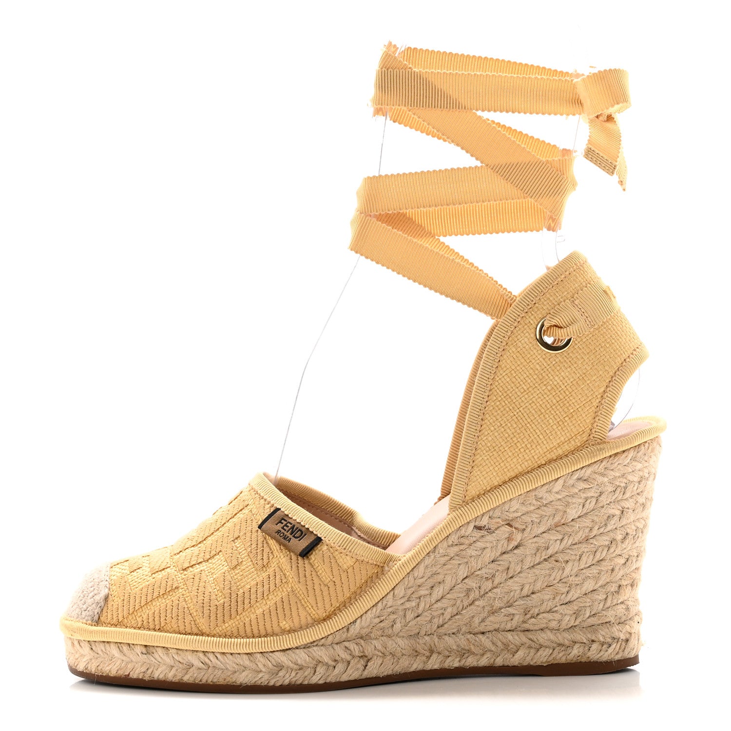 Fendi Rafia FF Embroidered Roma Ankle Wrap Espadrille Wedges 38 Natural 1 of 11