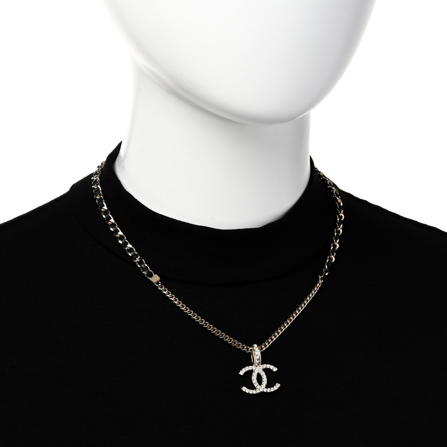 Lambskin Crystal CC Chain Pendant Necklace Black Gold