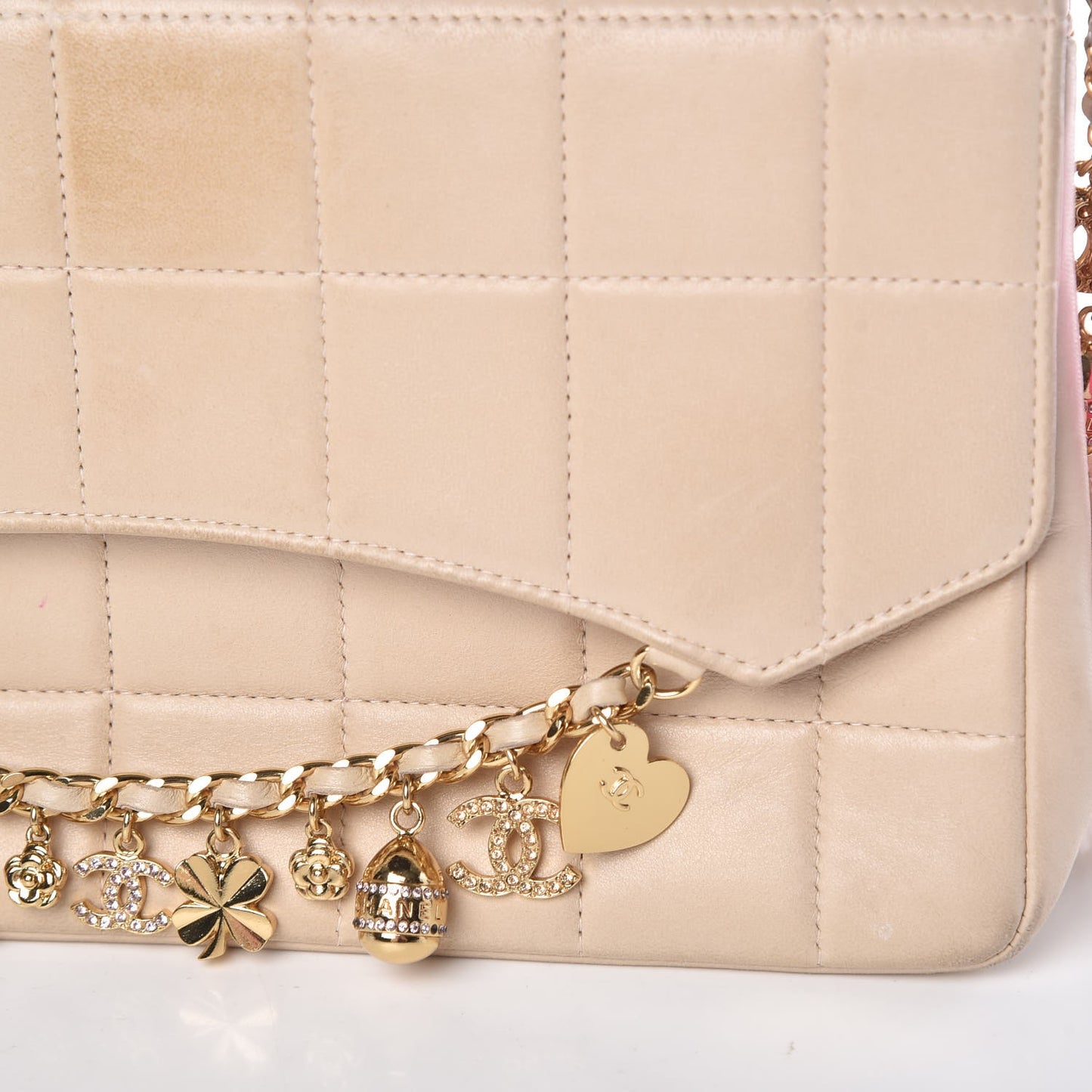 Lambskin Quilted Crystal Chocolate Bar Charm Flap Beige