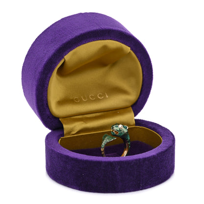 Gucci 18K Yellow Gold Diamond Enamel Le Marche Des Merveilles Feline Ring Green 53 6.5 6 of 6