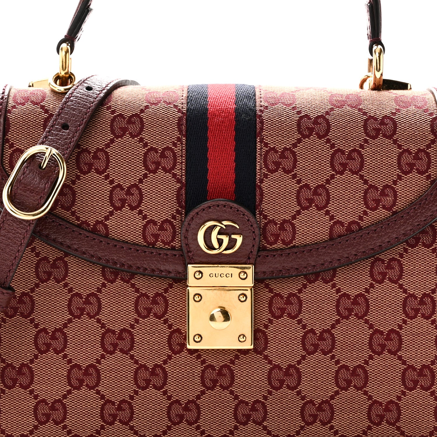Gucci GG Supreme Monogram Textured Dollar Calfskin Web Small Ophidia Padlock Top Handle Bag Bordeaux 8 of 10